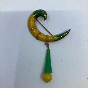 Vtg CZECHO ? brass enamel crescent moon dangle broch